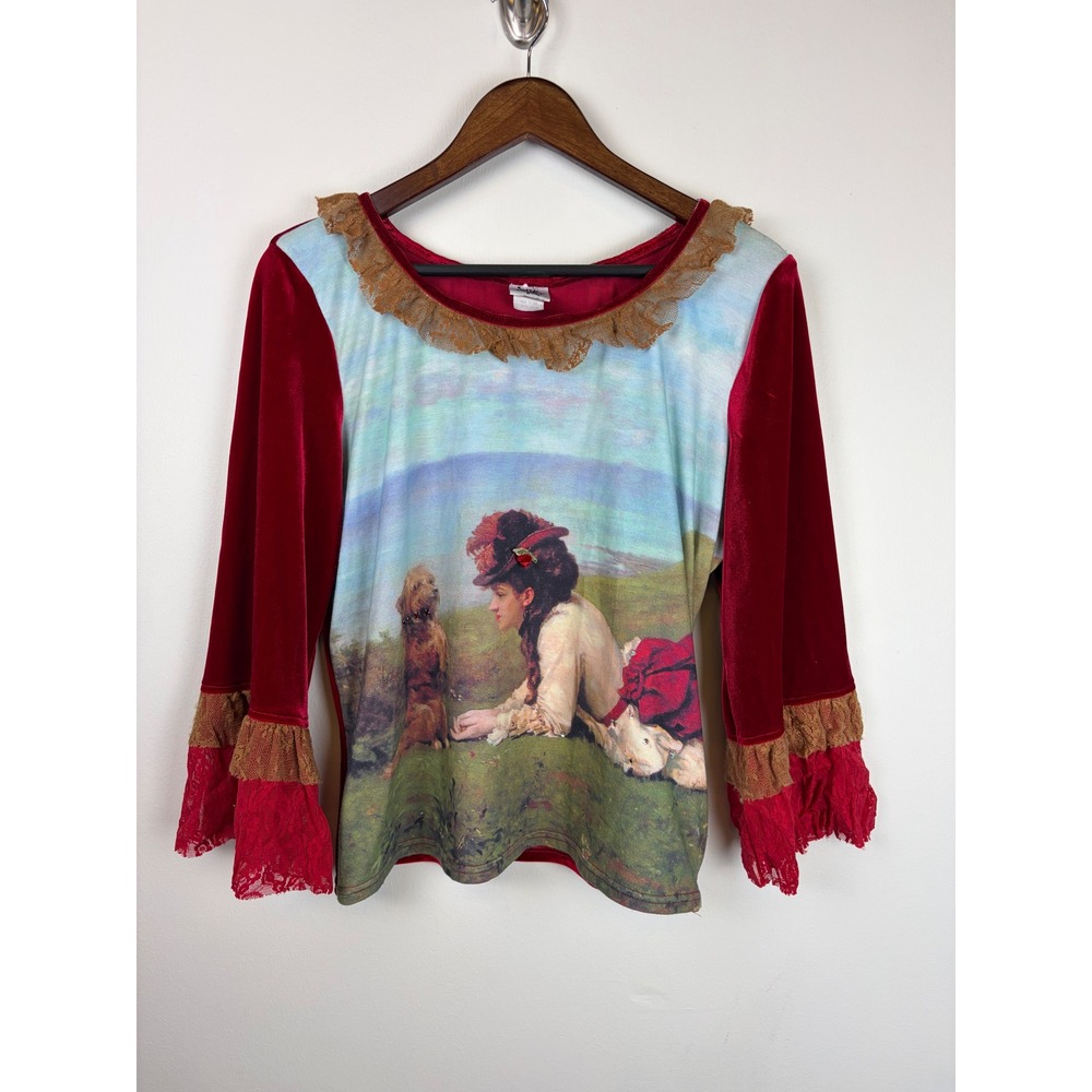 Ivy Jane Velvet Fine Art Graphic Top XL Red Rhinestone Whimsigoth Victorian Dog